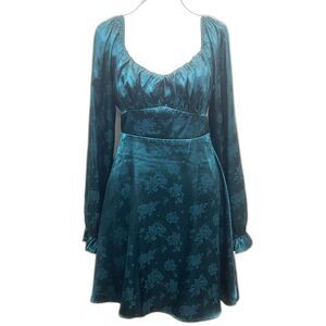 Inspired Hearts Y2K Teal Satin Babydoll Floral Dress Size Medium Coquette